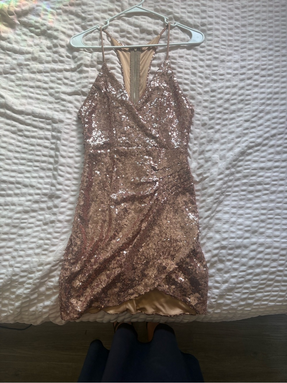 EVIE Rose Gold Sequin Wrap Mini Dress